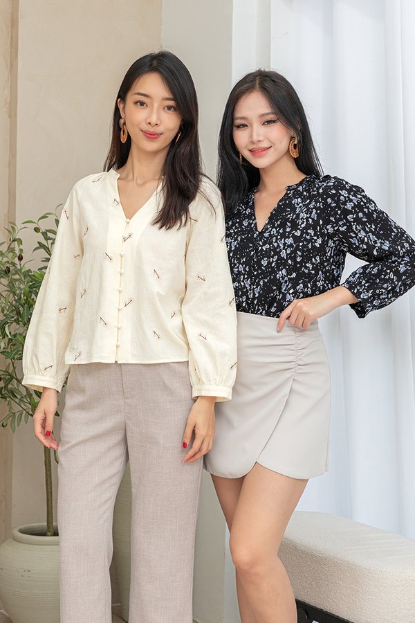 Shilla Buttoned Long Sleeve Top (Cream Embroidery)