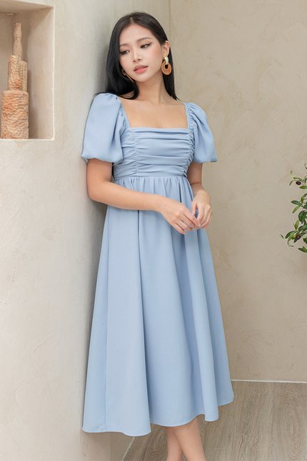 Kyrie Bubble Sleeve Ruched Midi Dress (French Blue)