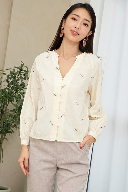 Shilla Buttoned Long Sleeve Top (Cream Embroidery)