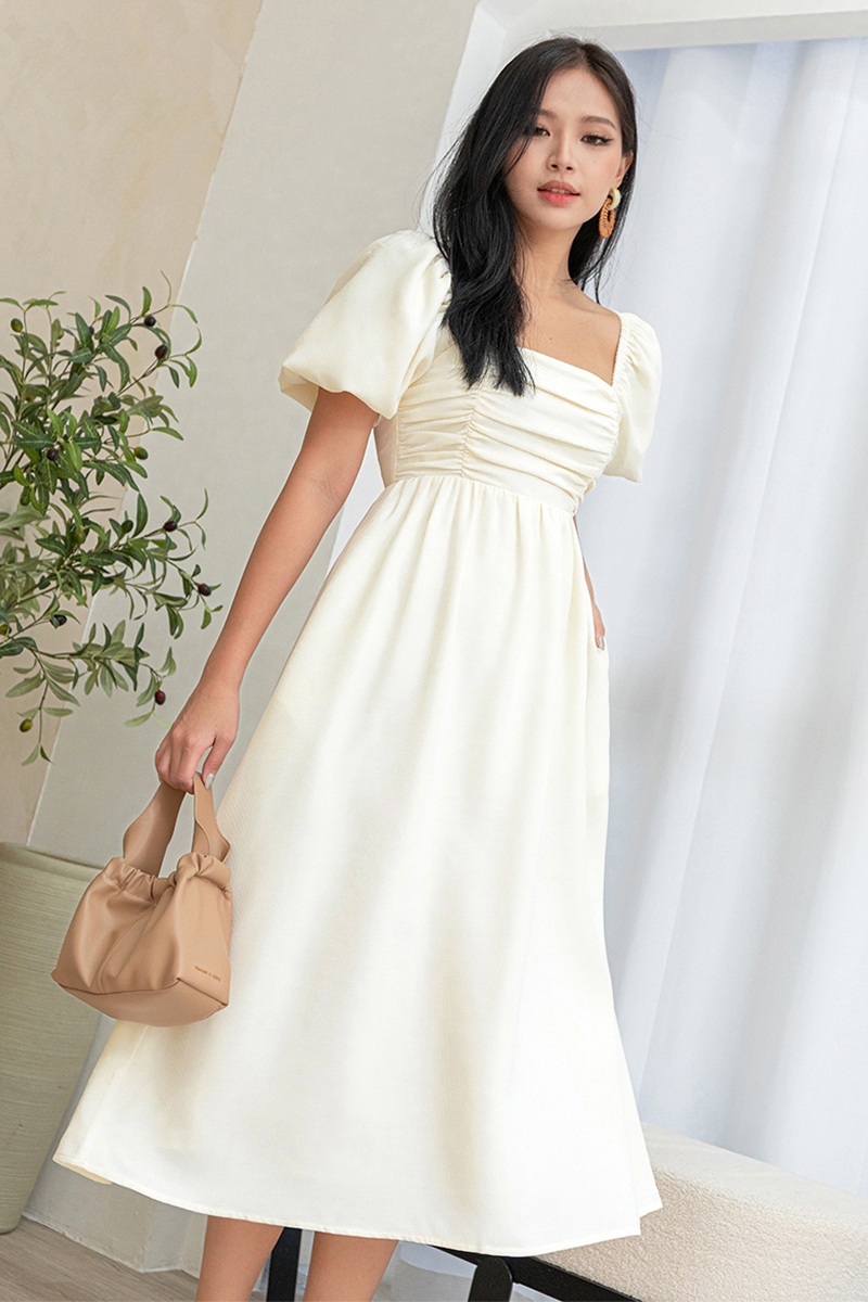 Kyrie Bubble Sleeve Ruched Midi Dress Off White Dear Lyla