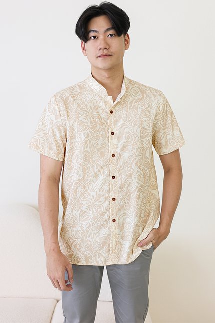 *RESTOCKED* Dan Mandarin Collar Shirt (Chestnut Tropical Batik)