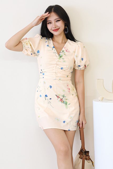 Danielle Puff Sleeve Ruched Romper Dress (Blooming Garden)