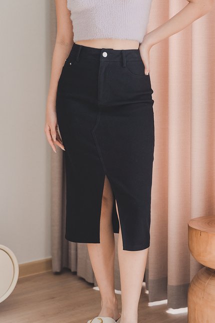 Glenda Denim Midi Slit Skirt (Black)