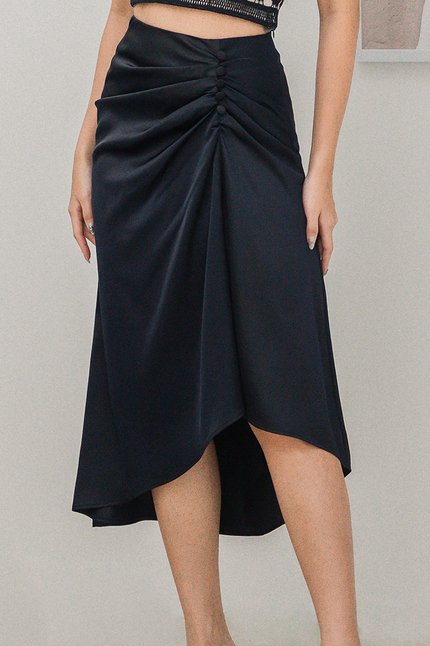Blair Ruched Asymmetrical Midi Skirt (Midnight)