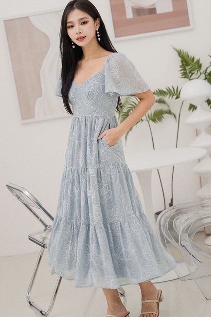 Darlene Flutter Sleeve Embroidery Midi Dress (Misty Blue)