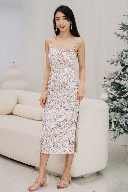 Ivy Padded Cut-Out Midi Slit Dress (Wildflowers)