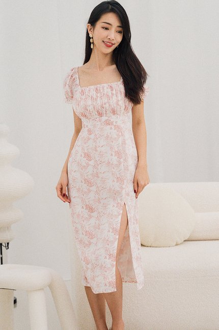 Jacinta Pleated Midi Slit Dress (Coral Pink Floral)