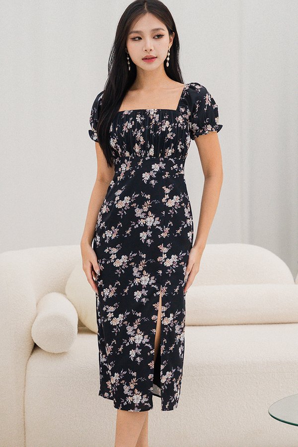 Jacinta Pleated Midi Slit Dress (Black Floral)