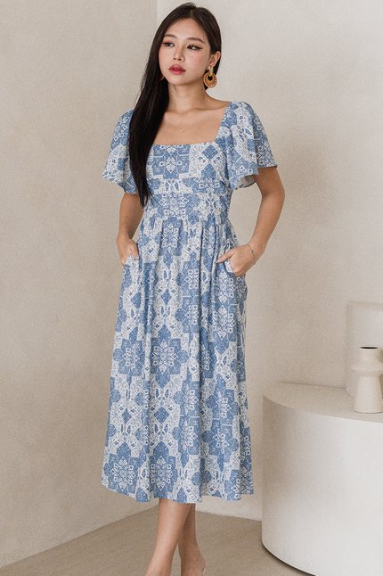 Heather Flutter Sleeve Folds Midi Dress (Blue Moroccan Tunes)