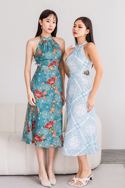 *BACKORDER - Arrive after CNY* Railey Cut-Out Halter Padded Midi Dress (Teal Peranakan)
