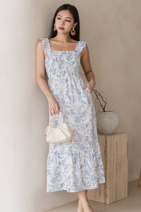 *RESTOCKED* Jovial Ruffle Straps Smocked Midaxi Dress (Columbia Blue Batik)
