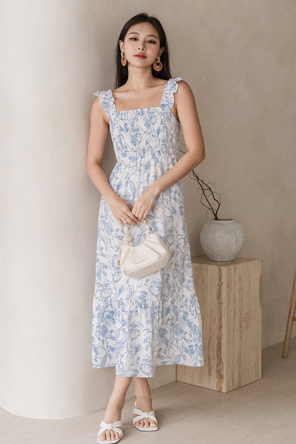 *RESTOCKED* Jovial Ruffle Straps Smocked Midaxi Dress (Columbia Blue Batik)