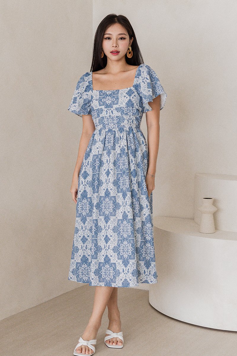 Heather Flutter Sleeve Folds Midi Dress (Blue Moroccan Tunes) | Dear Lyla