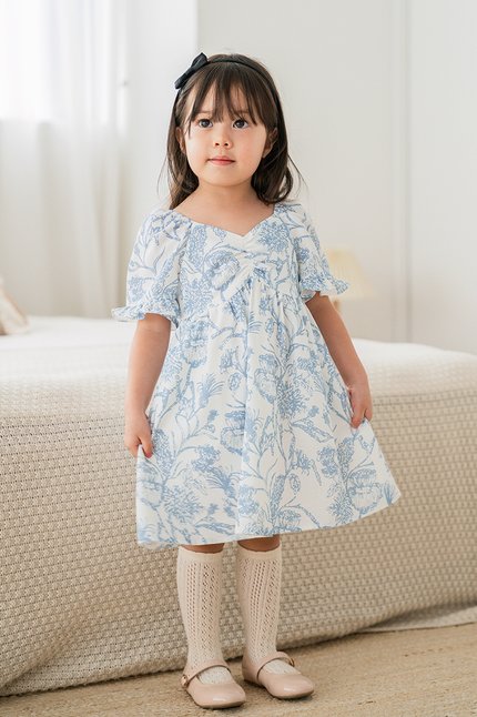 Kids Desi Ruched Dress (Columbia Blue Batik)