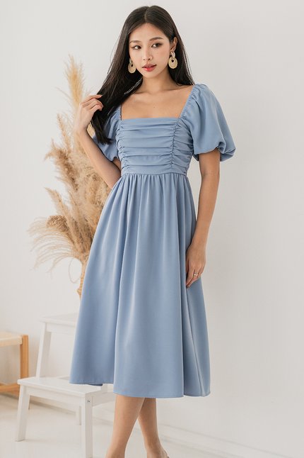 Kyrie Bubble Sleeve Ruched Midi Dress V2 (Cornflower Blue)