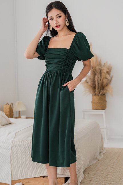 Kyrie Bubble Sleeve Ruched Midi Dress V2 (Emerald)