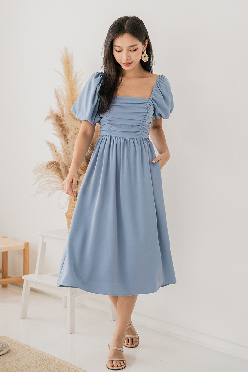 Kyrie Bubble Sleeve Ruched Midi Dress V2 (Cornflower Blue) | Dear Lyla