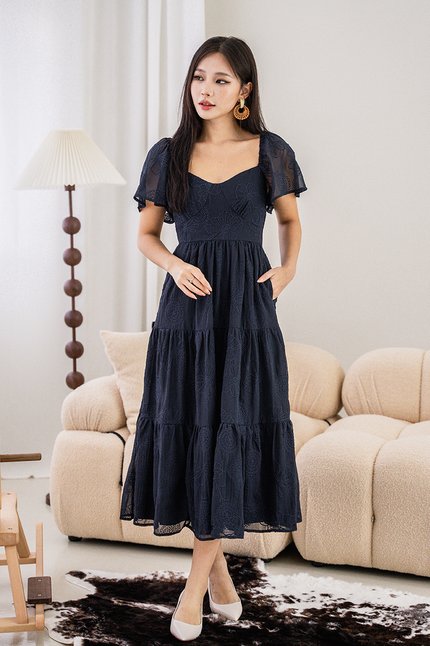 Darlene Flutter Sleeve Embroidery Midi Dress (Midnight)