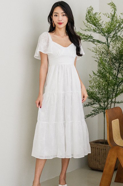 Darlene Flutter Sleeve Embroidery Midi Dress (White)