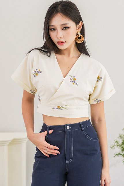 Hana Kimono Wrap Top (Cream Embroidery)