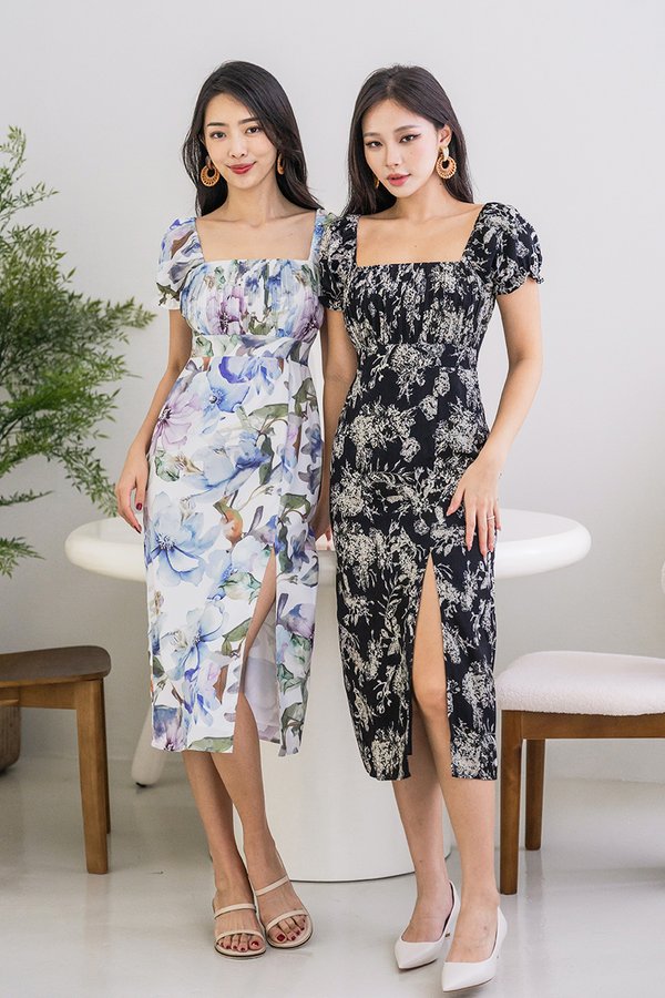 Jacinta Pleated Midi Slit Dress (Mystical Garden)