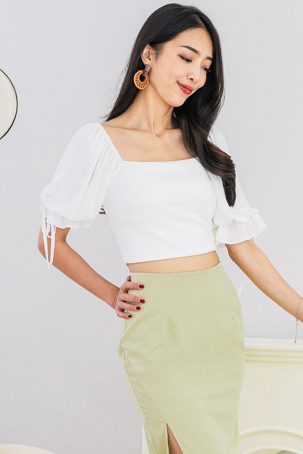 Stella Padded Mixed Fabric Puff Sleeve Ribbon Top (White)