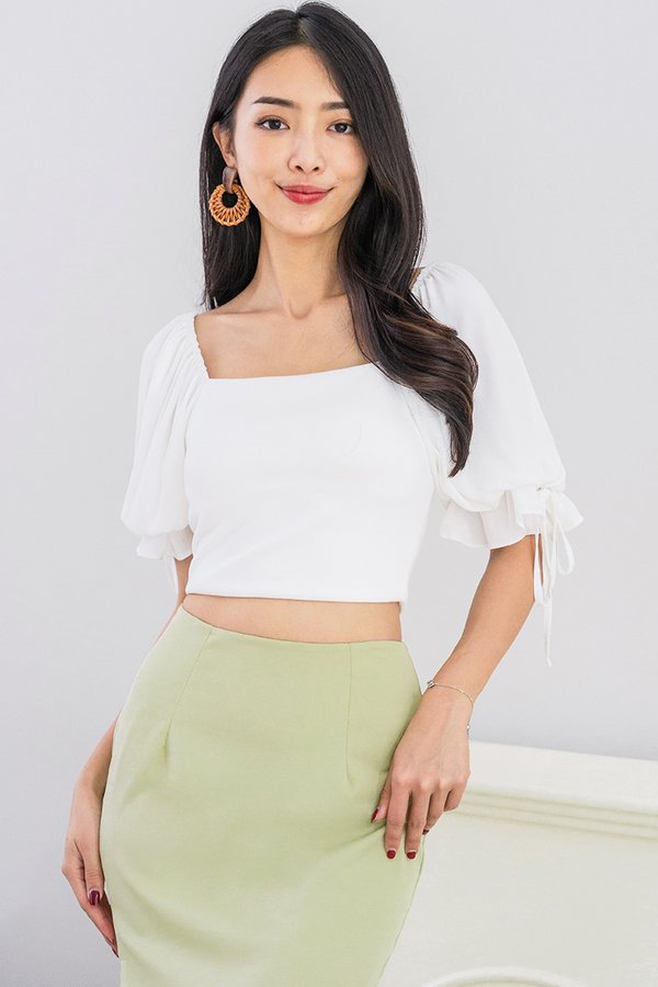 Stella Padded Mixed Fabric Puff Sleeve Ribbon Top (White)
