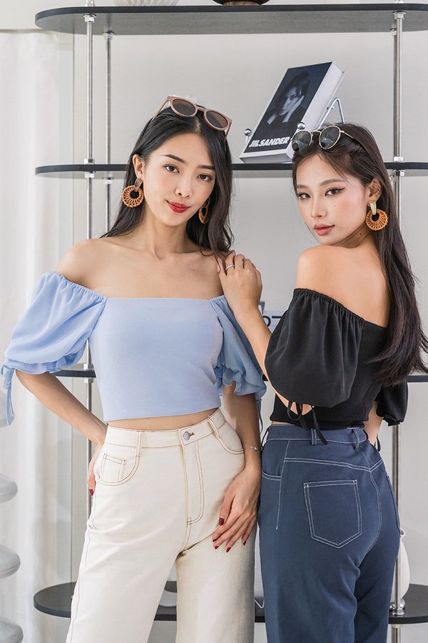 Stella Padded Mixed Fabric Puff Sleeve Ribbon Top (Misty Blue)