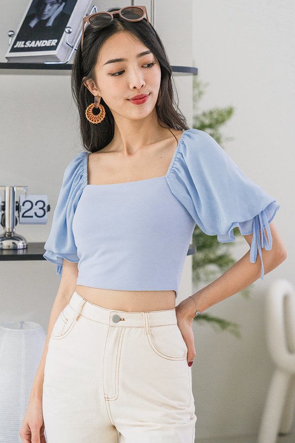 Stella Padded Mixed Fabric Puff Sleeve Ribbon Top (Misty Blue)