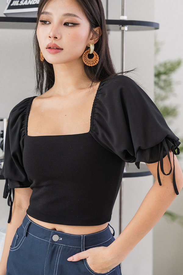 Stella Padded Mixed Fabric Puff Sleeve Ribbon Top (Black)
