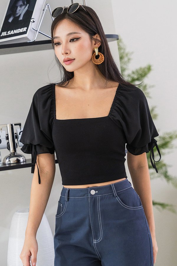 Stella Padded Mixed Fabric Puff Sleeve Ribbon Top (Black)