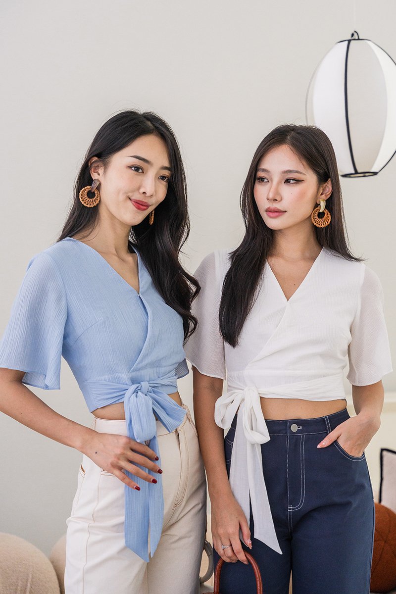 Yuki Kimono Wrap Tie Waist Top Powder Blue Dear Lyla