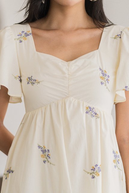 Angela Flutter Sleeve Babydoll Romper Dress (Cream Embroidery)