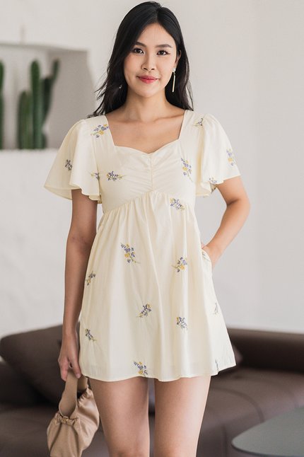 Angela Flutter Sleeve Babydoll Romper Dress (Cream Embroidery)