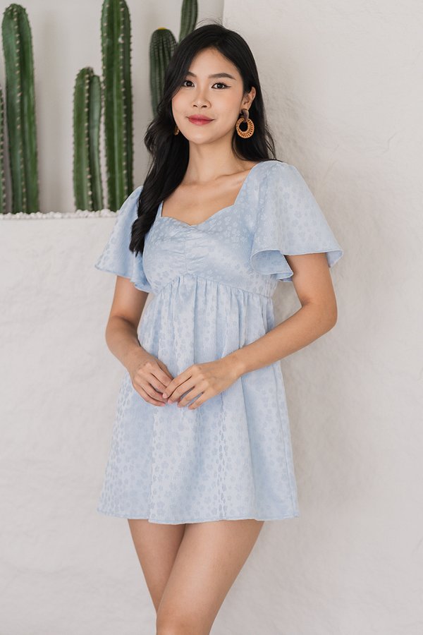 Angela Flutter Sleeve Babydoll Romper Dress (Powder Blue Poppy)