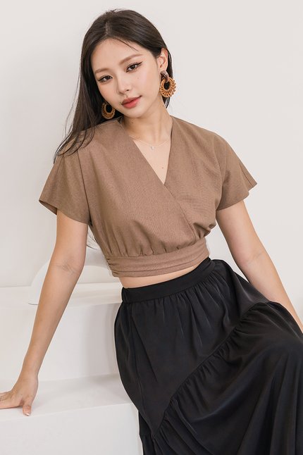 Ashley Linen Wrap Top (Coffee)