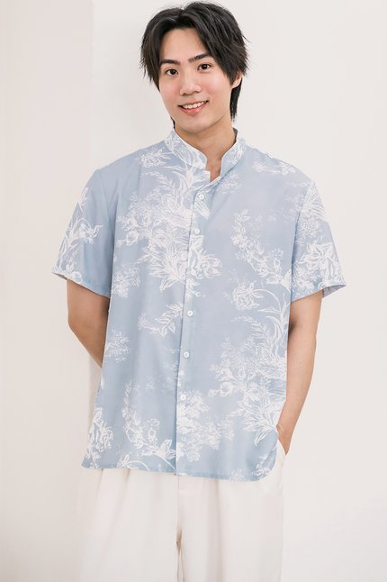 Dan Mandarin Collar Shirt V2 (Lake Blue Earthy Bliss)