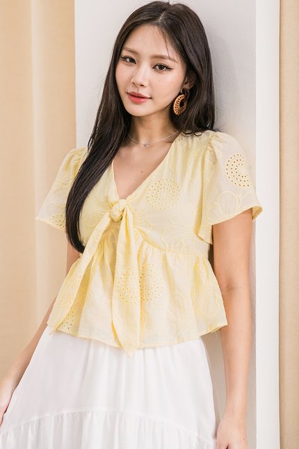 Jayley Tie-Front Peplum Top (Lemon Sorbet Embroidery)