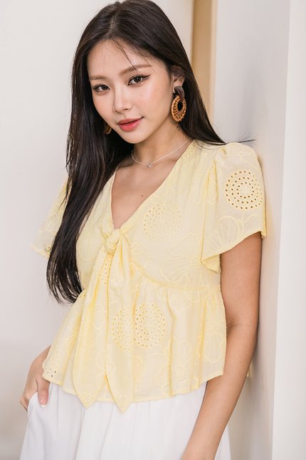 Jayley Tie-Front Peplum Top (Lemon Sorbet Embroidery)