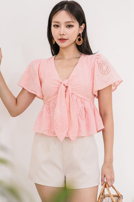 Jayley Tie-Front Peplum Top (Strawberry Sorbet Embroidery)