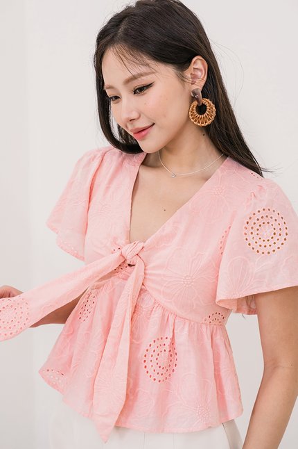 Jayley Tie-Front Peplum Top (Strawberry Sorbet Embroidery)