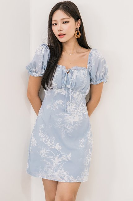 Jovene Padded Pleat Front Dress (Lake Blue Earthy Bliss)