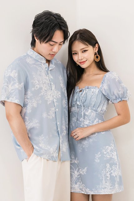 Dan Mandarin Collar Shirt V2 (Lake Blue Earthy Bliss)