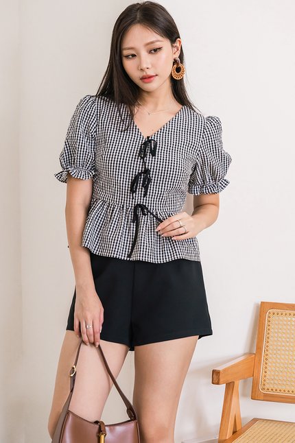 Kate Puff Sleeve Ribbon Top (Black Gingham)