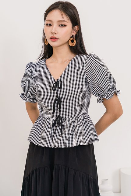 Kate Puff Sleeve Ribbon Top (Black Gingham)