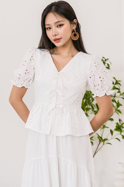 Kate Puff Sleeve Ribbon Top (White Eyelet)