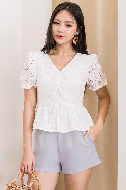 Kate Puff Sleeve Ribbon Top (White Eyelet)