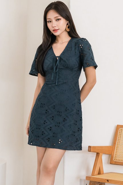 Klara Flare Sleeve Tie-Ribbon Dress (Teal Eyelet)