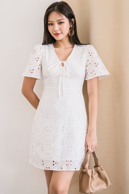 Klara Flare Sleeve Tie-Ribbon Dress (White Eyelet)