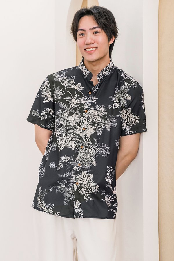 *RESTOCKED* Dan Mandarin Collar Shirt (Black Earthy Bliss)